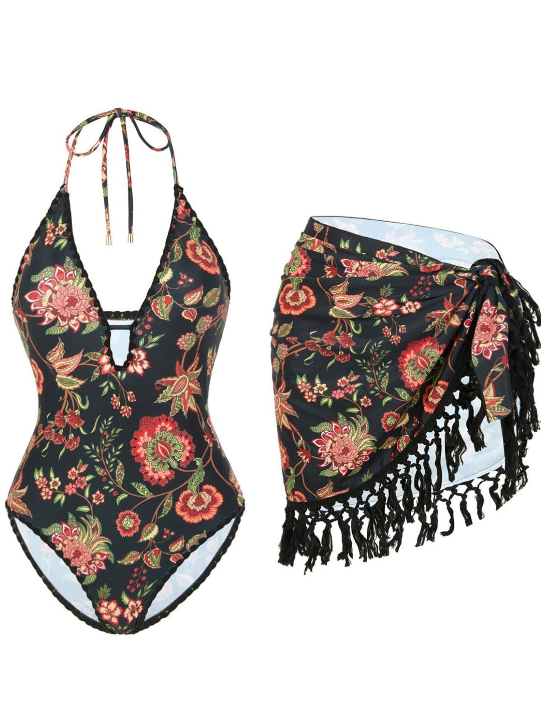 2PCS 1960s Deep V-Neck Fringe Swimsuit &amp; Cover-Up - vintage swimsuit, pin-up style