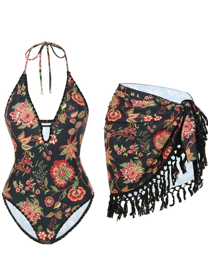 2PCS 1960s Deep V-Neck Fringe Swimsuit &amp; Cover-Up - vintage swimsuit, pin-up style