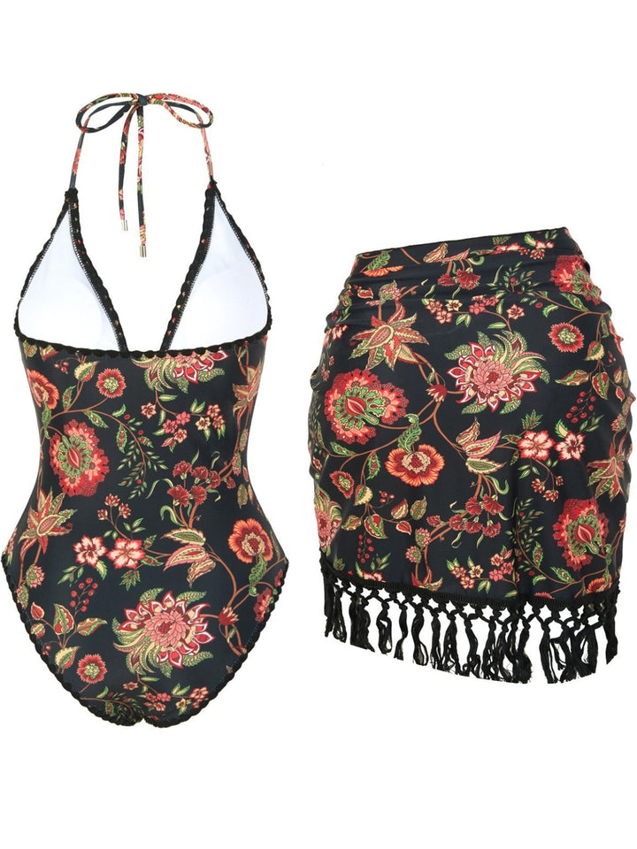 2PCS 1960s Deep V-Neck Fringe Swimsuit &amp; Cover-Up - vintage swimsuit, pin-up style