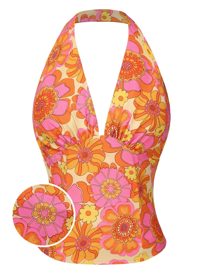 2PCS 1960s Floral Halter Top &amp; Pleated Skirt — 1960s elegance she can wear anywhere