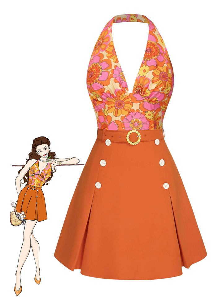 2PCS 1960s Floral Halter Top &amp; Solid Skirt - vintage skirt, retro style