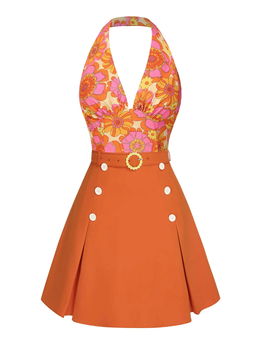 2PCS 1960s Floral Halter Top &amp; Solid Skirt - vintage skirt, retro style