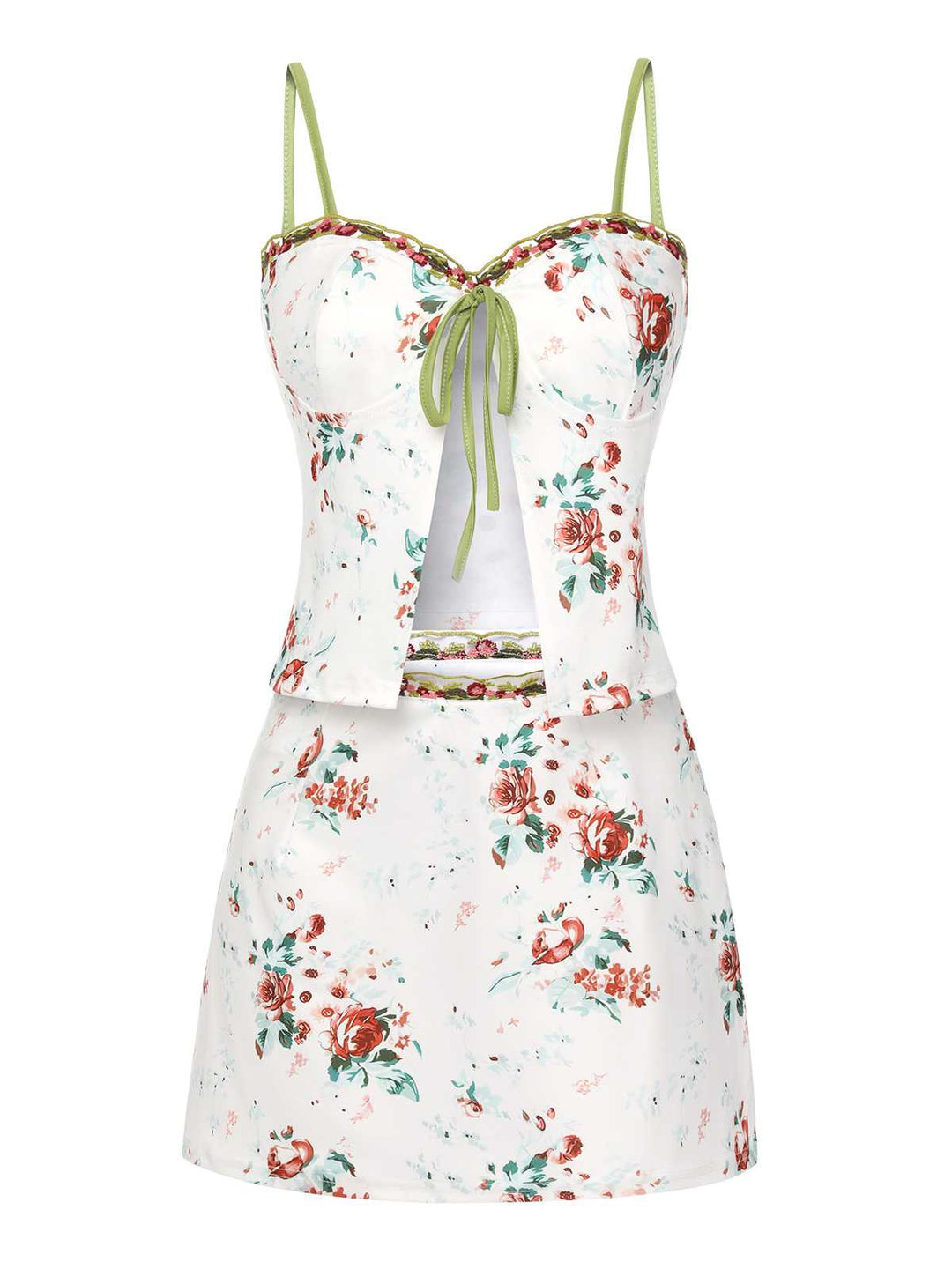 She sways in this 2PCS 1960s Floral Strap Slit Vest &amp; Lace Skirt and it&