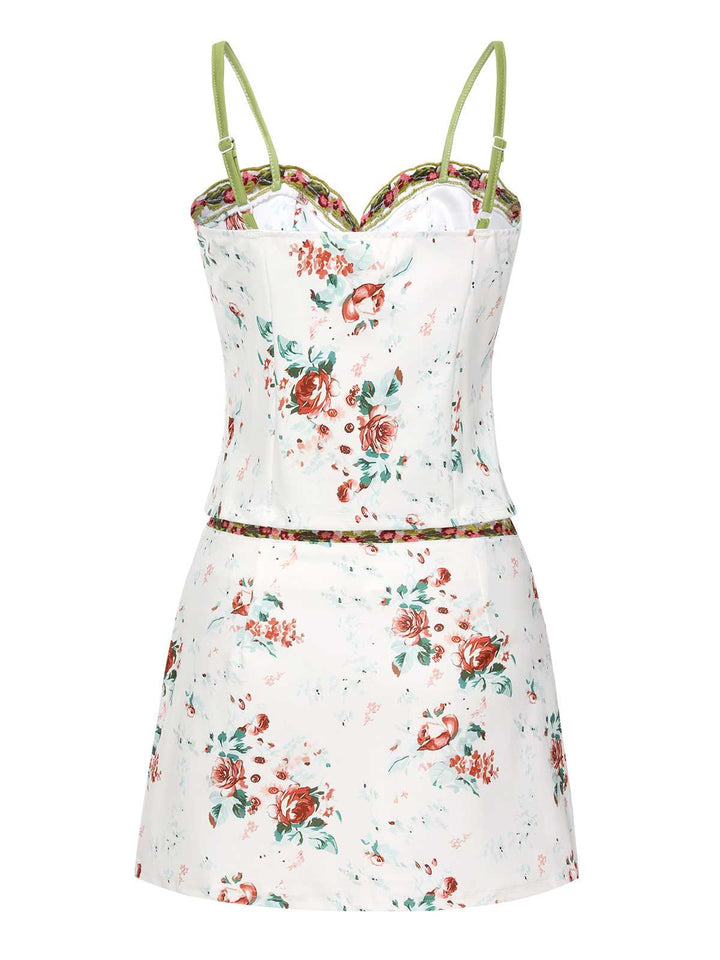 2PCS 1960s Floral Strap Slit Vest &amp; Lace Skirt: 1960s grace for the woman who dances through life