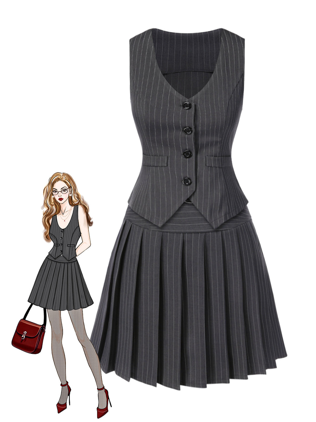 She pairs this 2PCS Dark 1960s Pinstripes Top &amp; Pleated Skirt with confidence and 1960s charm