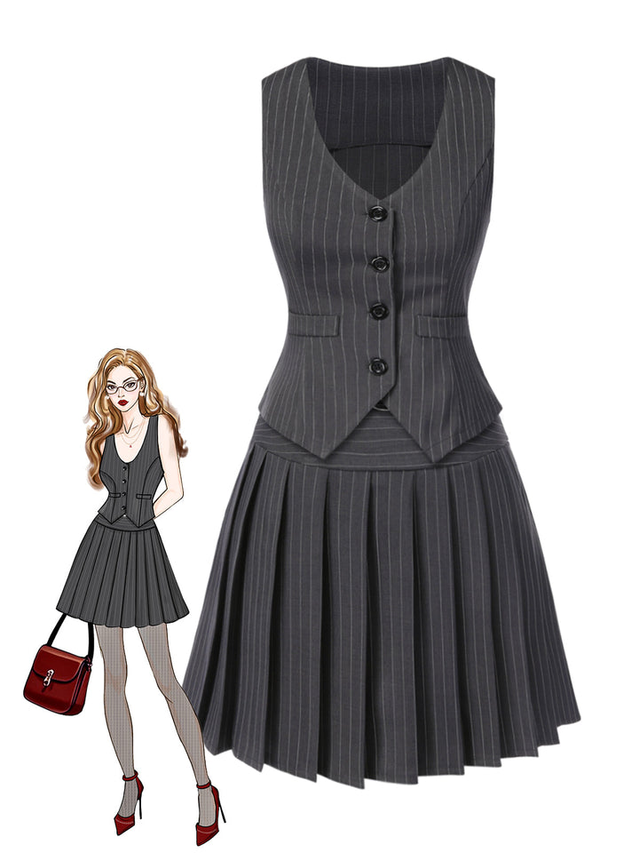 She pairs this 2PCS Dark 1960s Pinstripes Top &amp; Pleated Skirt with confidence and 1960s charm