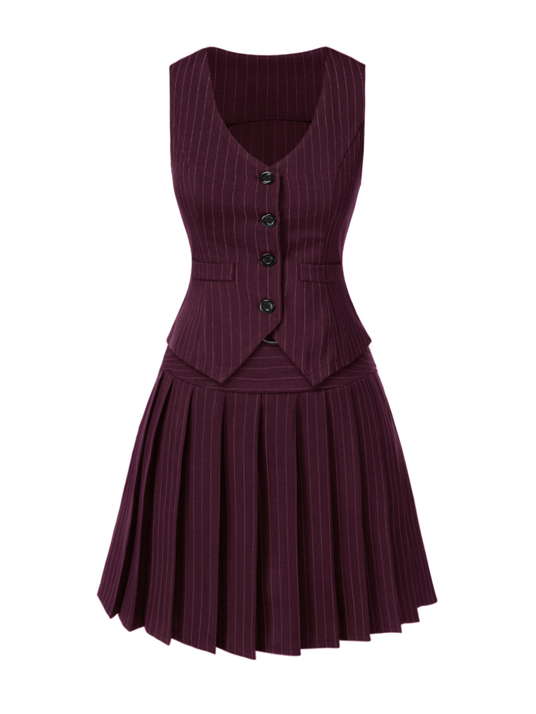 This 2PCS Dark 1960s Pinstripes Top &amp; Pleated Skirt brings 1960s soul to her everyday