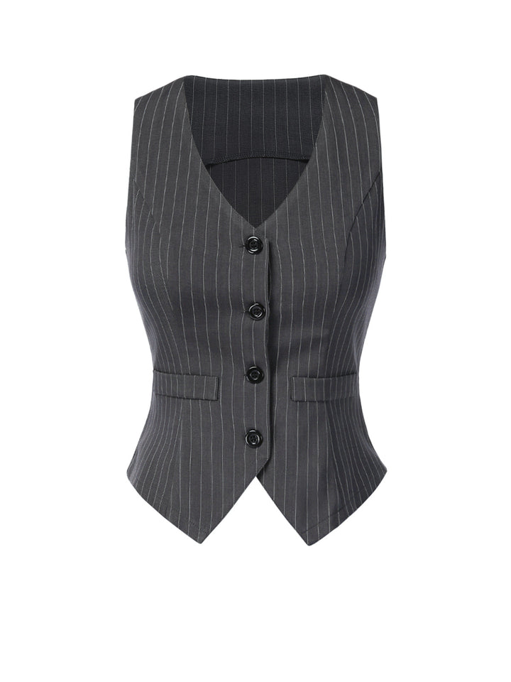 She pairs this 2PCS Dark 1960s Pinstripes Top &amp; Pleated Skirt with confidence and 1960s charm