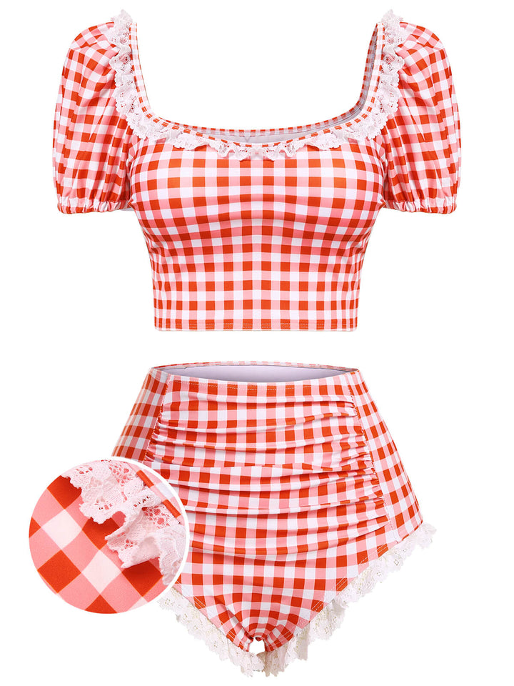 2PCS Plaid Lace Patchwork Swimsuit, vintage swimsuit, swimwear - perfect for women who love vintage and retro fashion