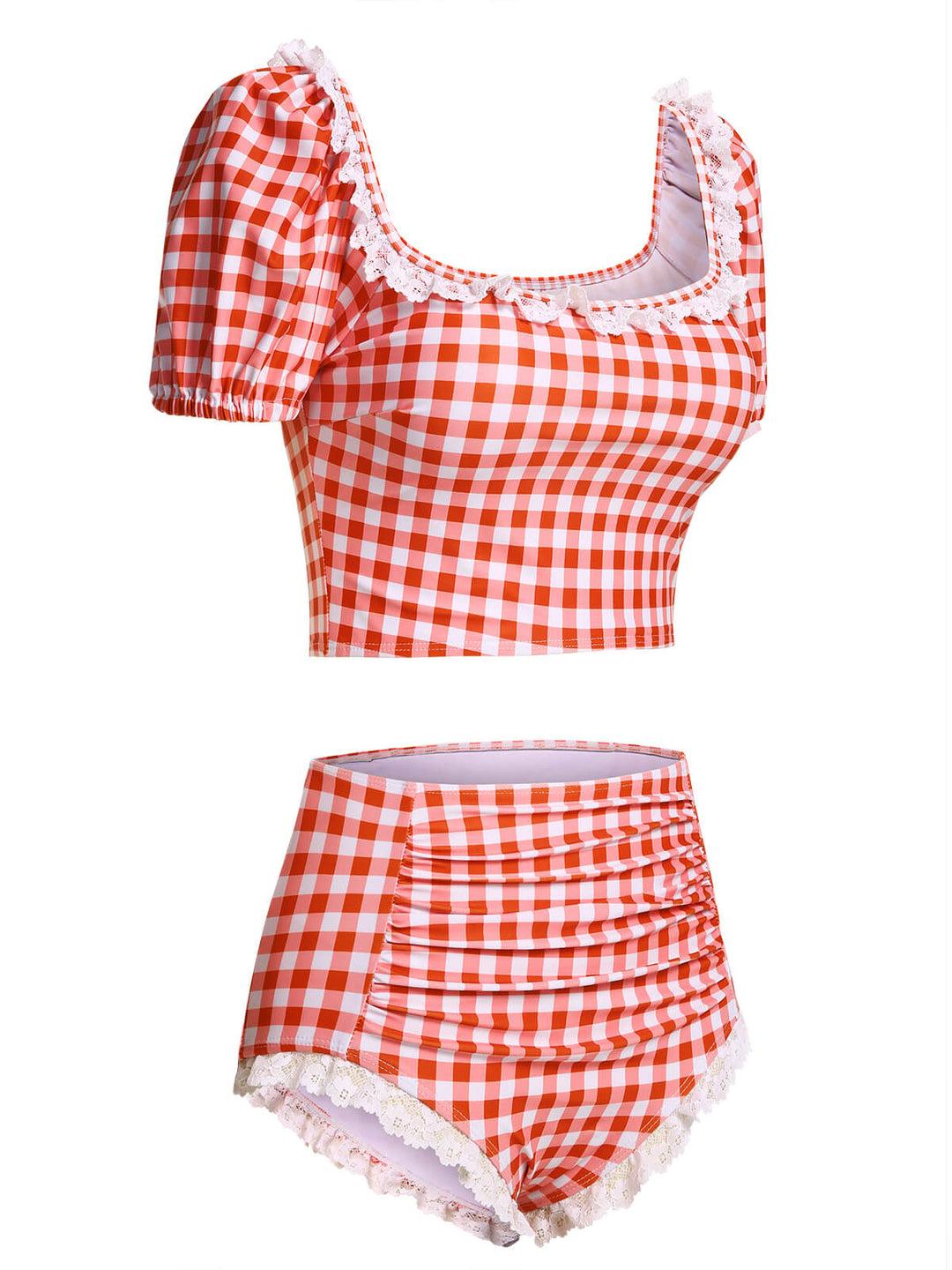 2PCS Plaid Lace Patchwork Swimsuit, vintage swimsuit, swimwear - perfect for women who love vintage and retro fashion