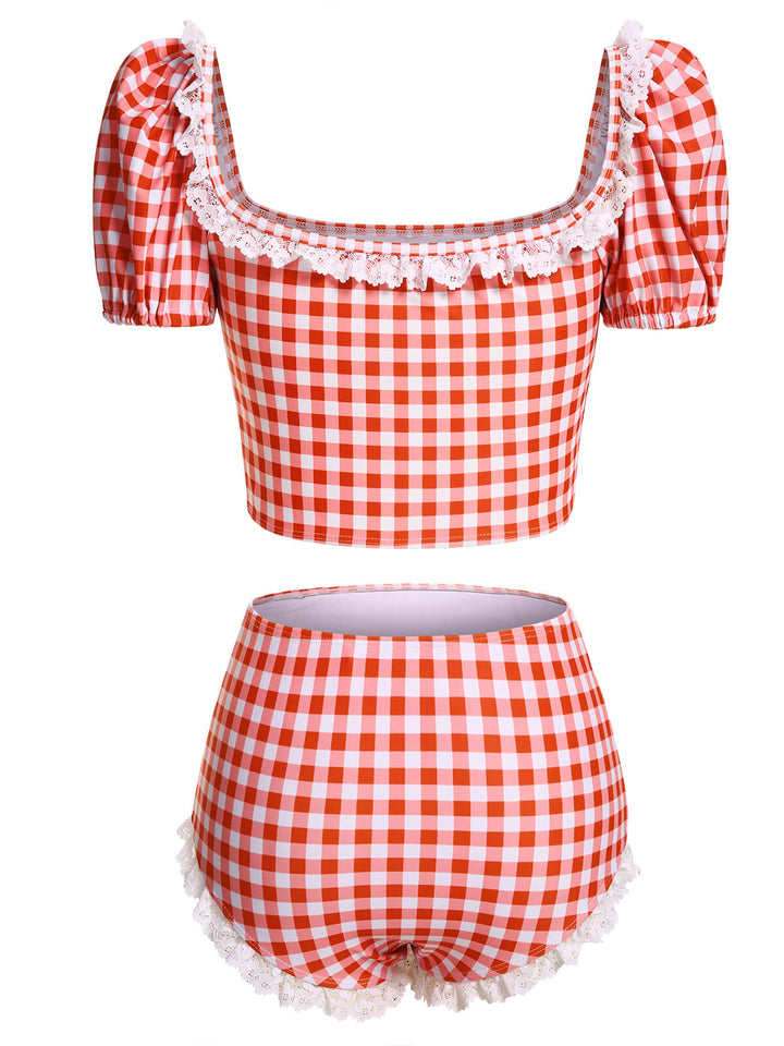 2PCS Plaid Lace Patchwork Swimsuit, vintage swimsuit, swimwear - perfect for women who love vintage and retro fashion