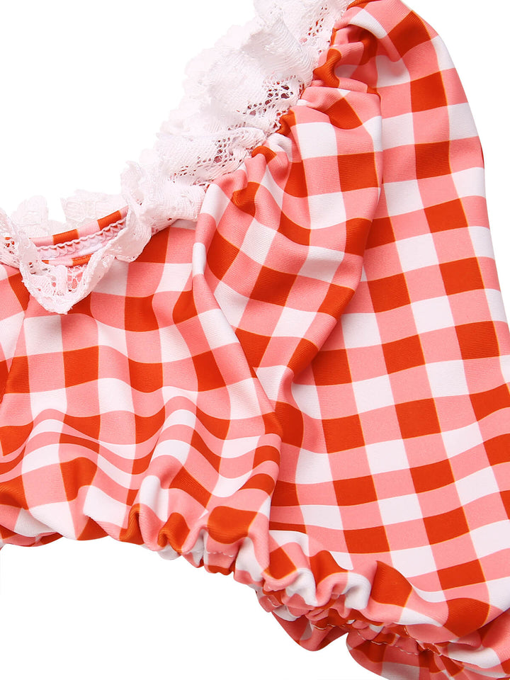 2PCS Plaid Lace Patchwork Swimsuit, vintage swimsuit, swimwear - perfect for women who love vintage and retro fashion