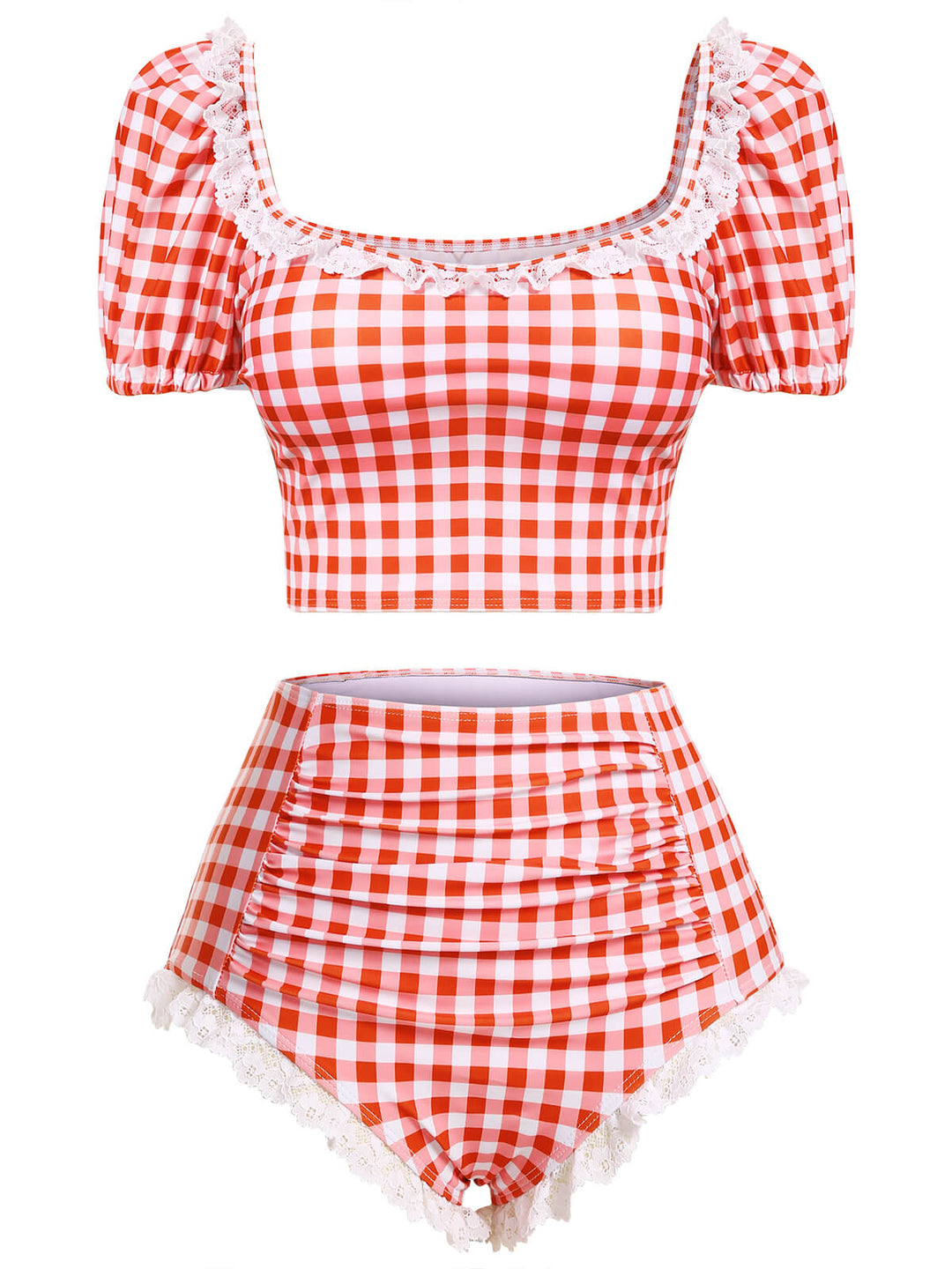 2PCS Plaid Lace Patchwork Swimsuit, vintage swimsuit, swimwear - perfect for women who love vintage and retro fashion