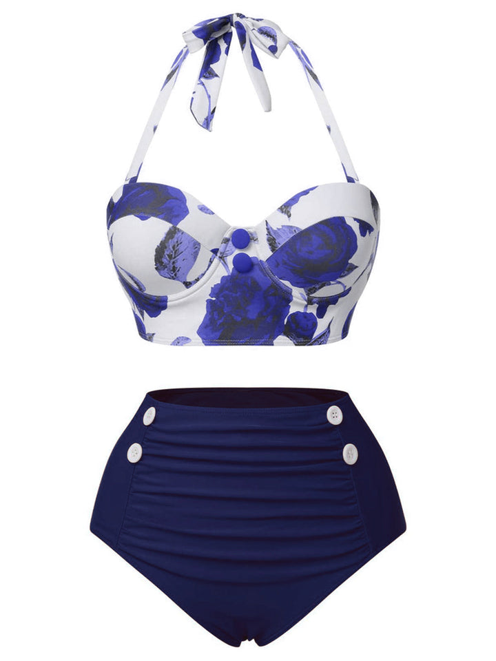 2PCS 1960s Roses Halter Swimsuit &amp; Skirt Cover-Up — 1960s poolside glamour meets sun-drenched confidence