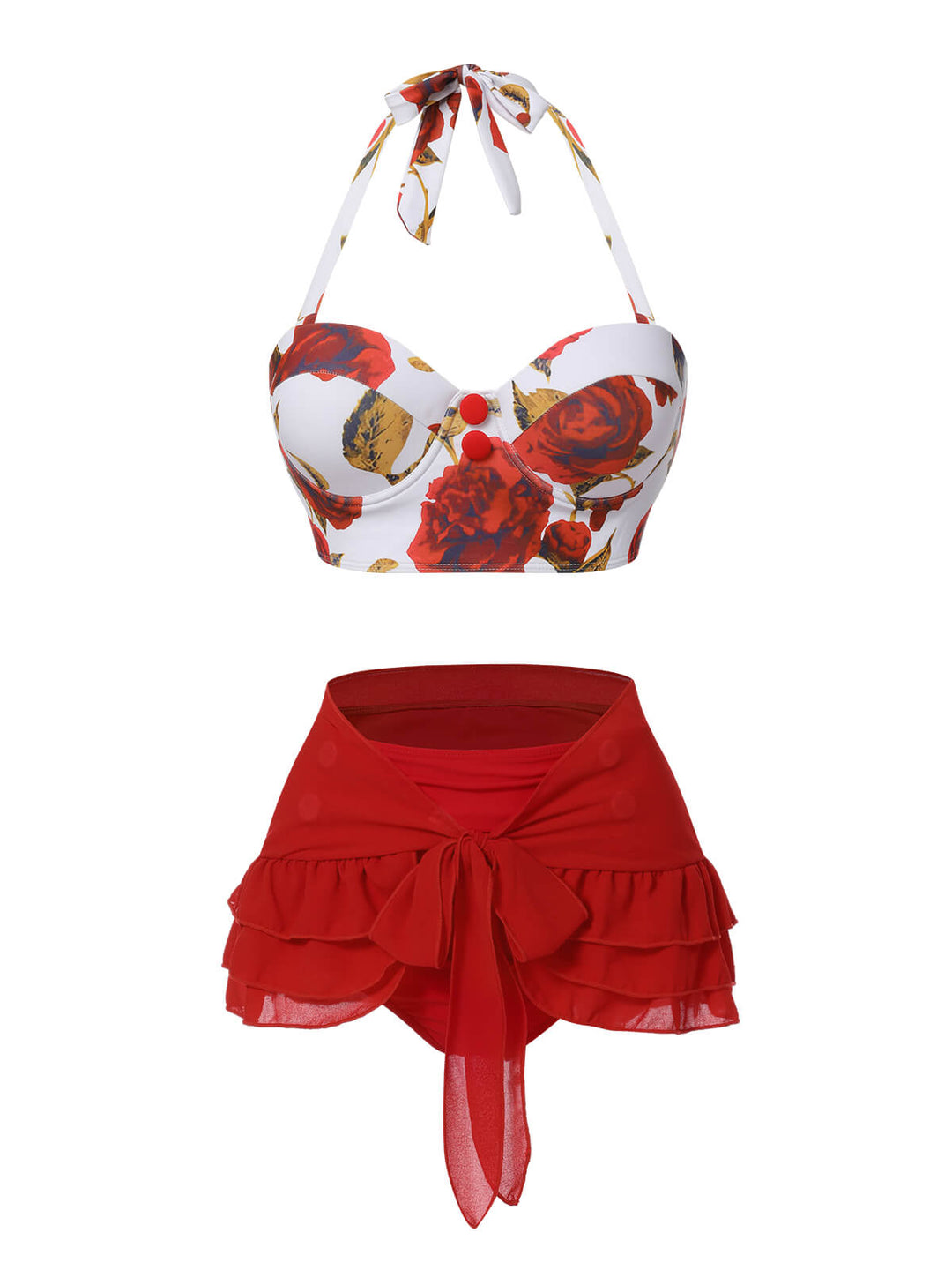 2PCS 1960s Roses Halter Swimsuit &amp; Skirt Cover-Up: 1960s Riviera elegance, reimagined for her