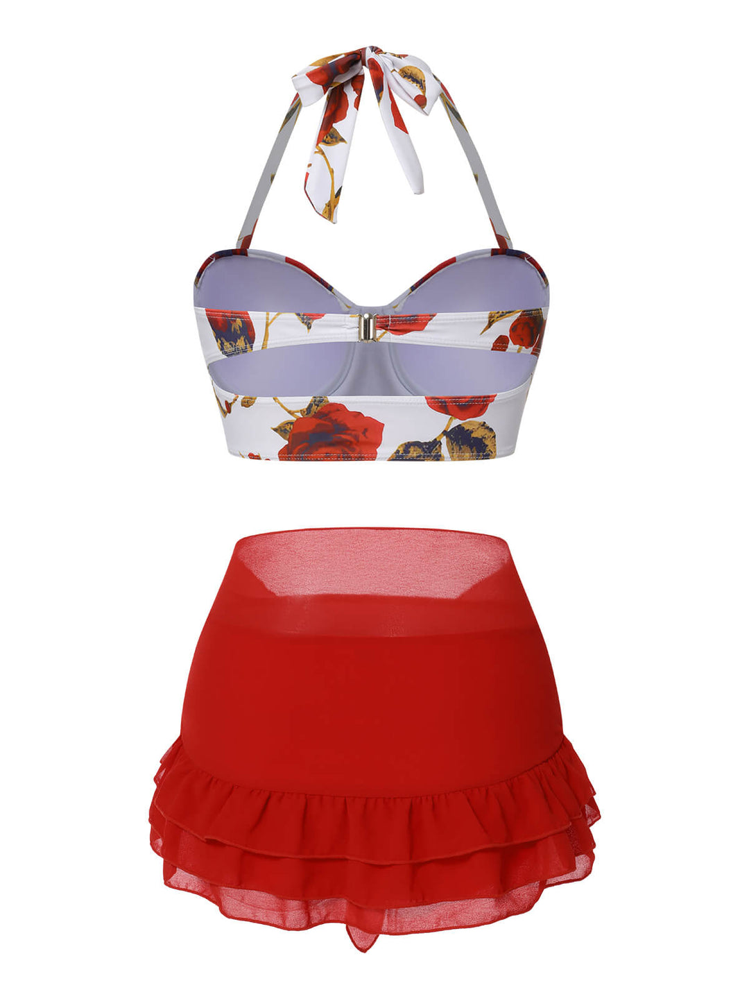 This 2PCS 1960s Roses Halter Swimsuit &amp; Skirt Cover-Up carries 1960s vacation dreams in every stitch