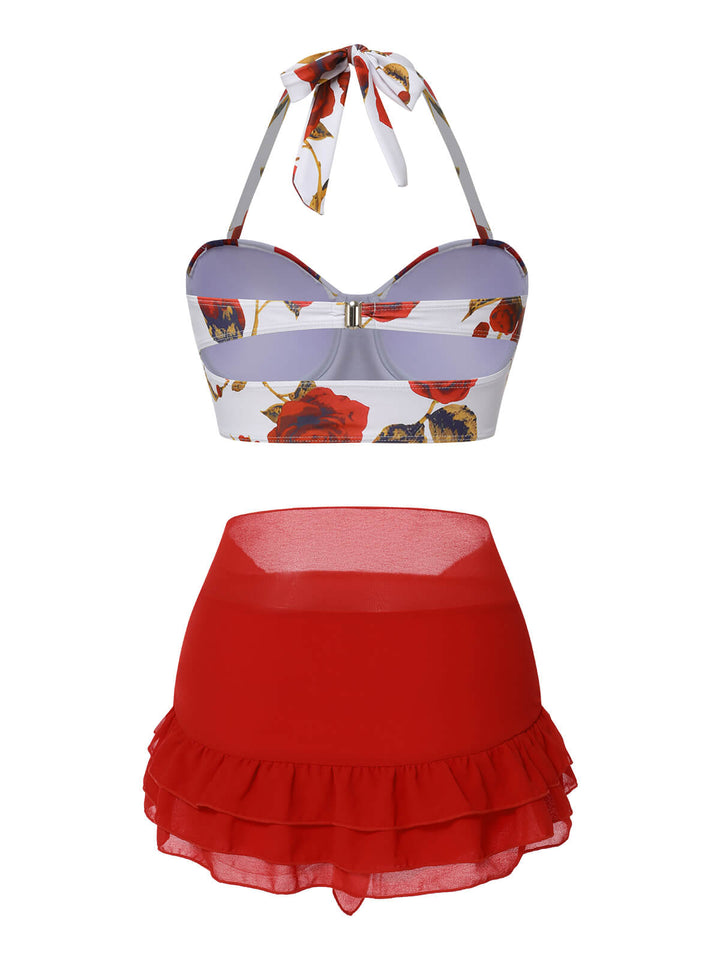 This 2PCS 1960s Roses Halter Swimsuit &amp; Skirt Cover-Up carries 1960s vacation dreams in every stitch