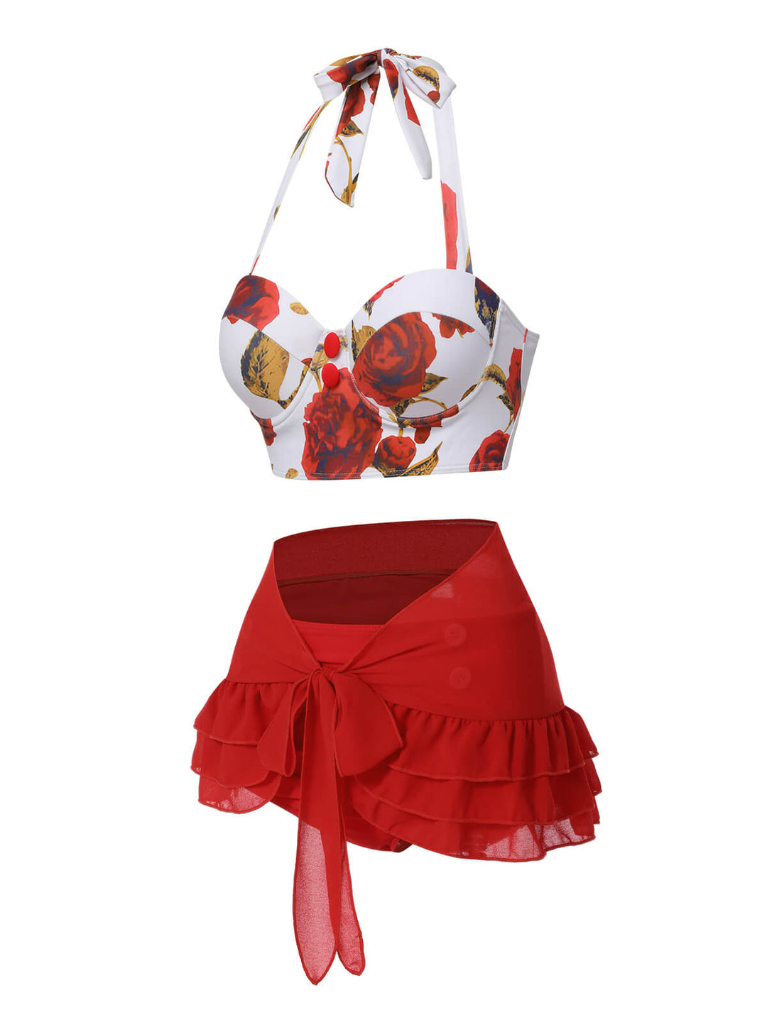 2PCS 1960s Roses Halter Swimsuit &amp; Skirt Cover-Up — because 1960s glamour never goes out of style