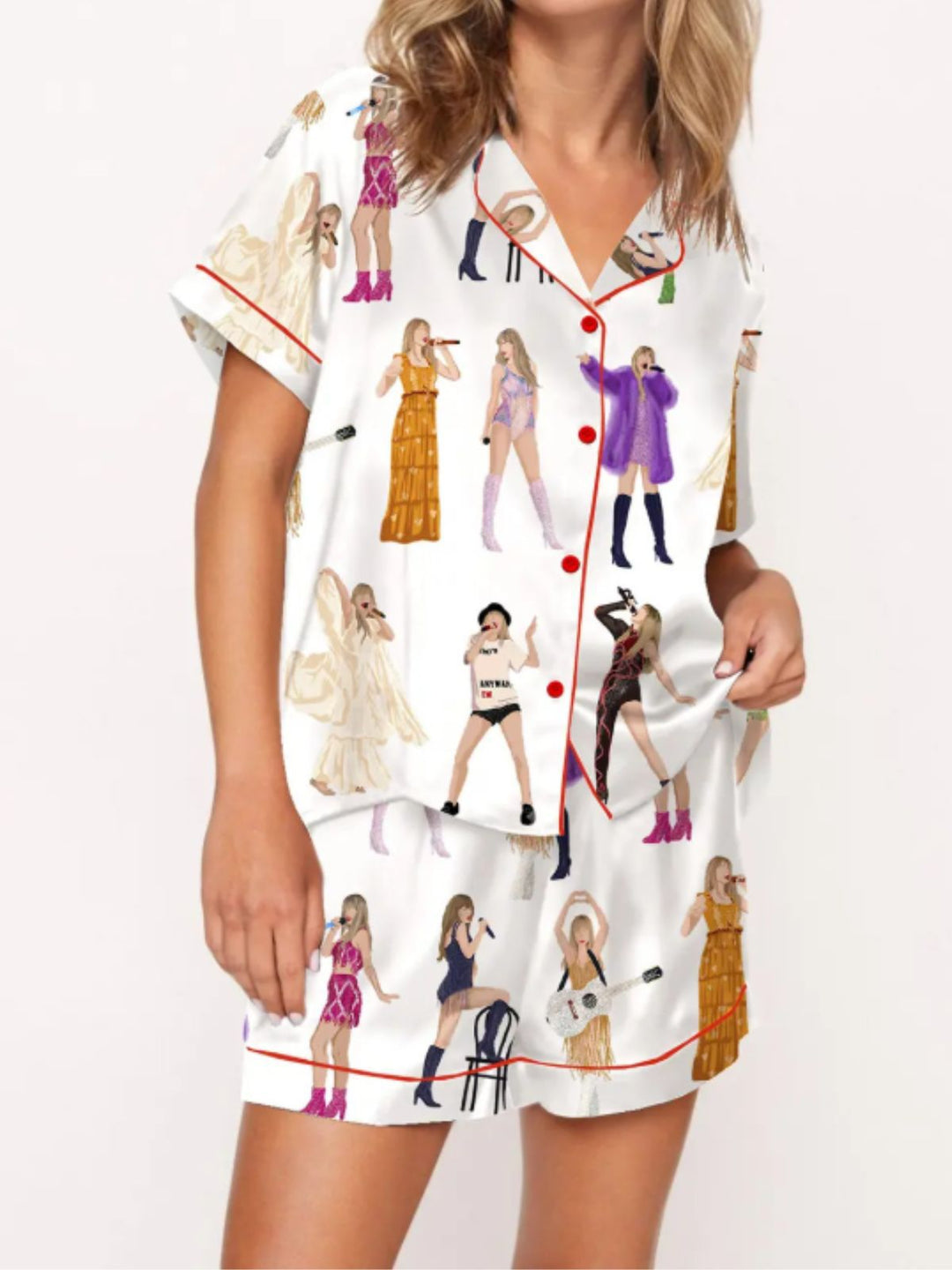 2PCS Singer Cartoon Print Button Pajama Set - vintage fashion, retro style