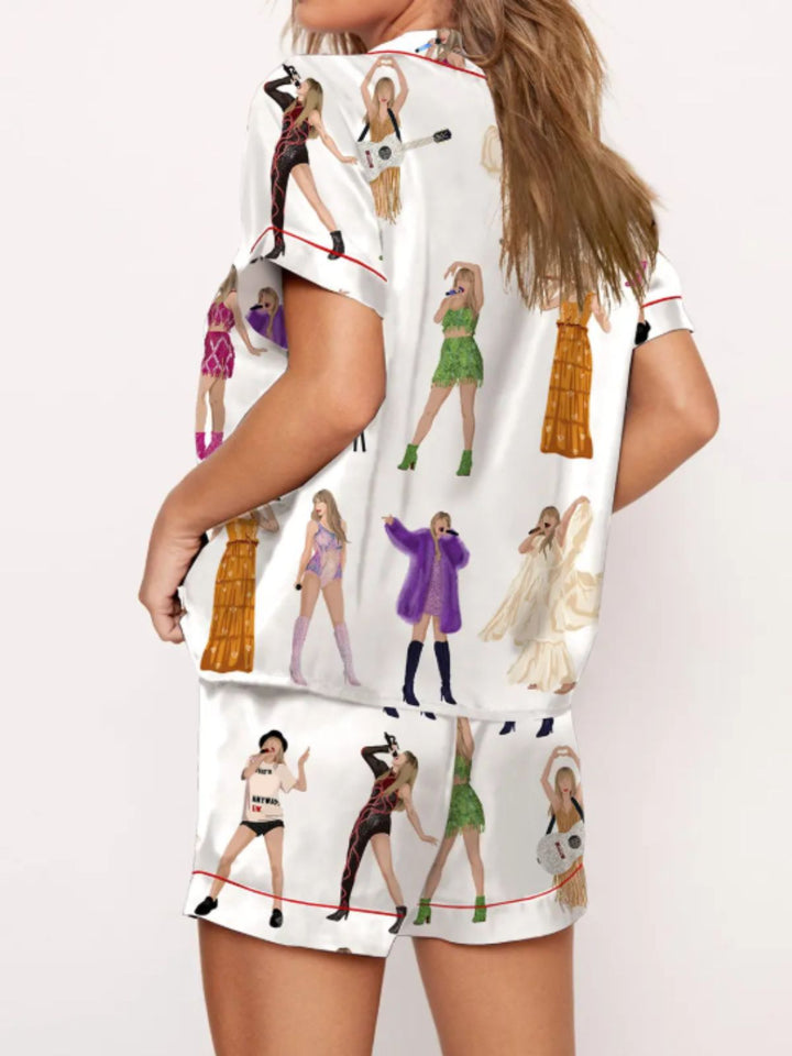 2PCS Singer Cartoon Print Button Pajama Set - vintage fashion, retro style