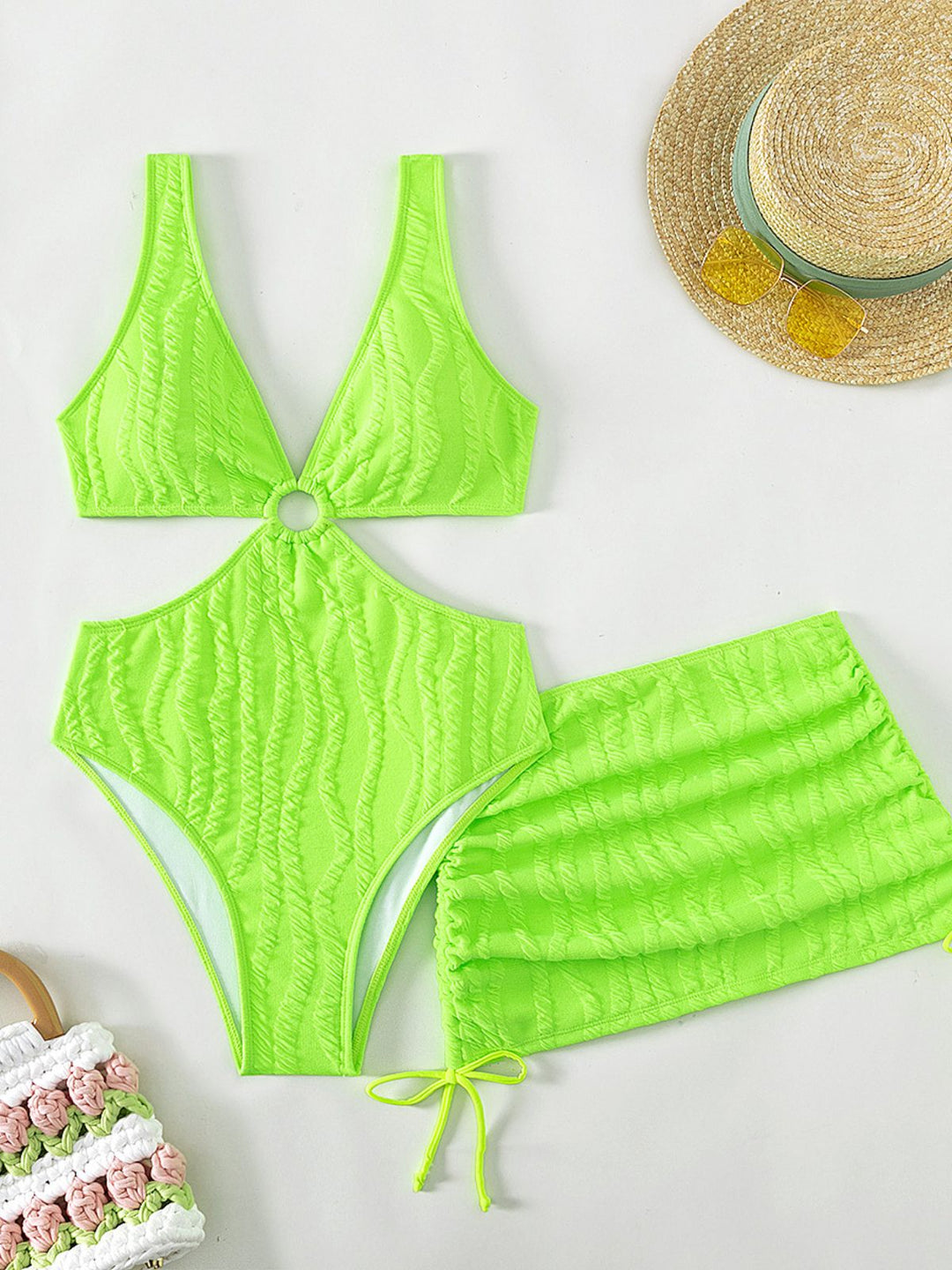 2PCS 1960s Solid Cut-Out Swimsuit &amp; Skirt - vintage skirt, retro style