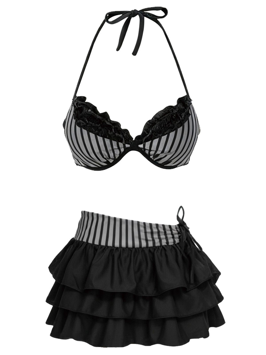 2PCS Striped Halter Bikini Set &amp; Tiered Cover-Up: beautiful vintage swimwear, retro swimsuit, style with timeless appeal