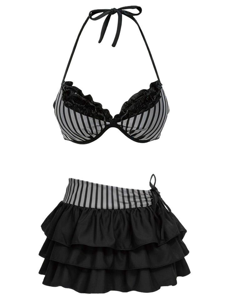 2PCS Striped Halter Bikini Set &amp; Tiered Cover-Up: beautiful vintage swimwear, retro swimsuit, style with timeless appeal