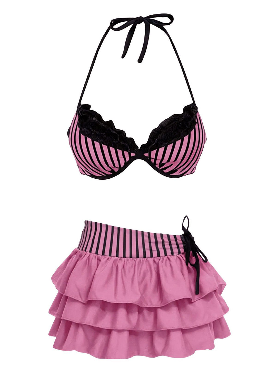 2PCS Striped Halter Bikini Set &amp; Tiered Cover-Up - vintage fashion, retro style, elegant red