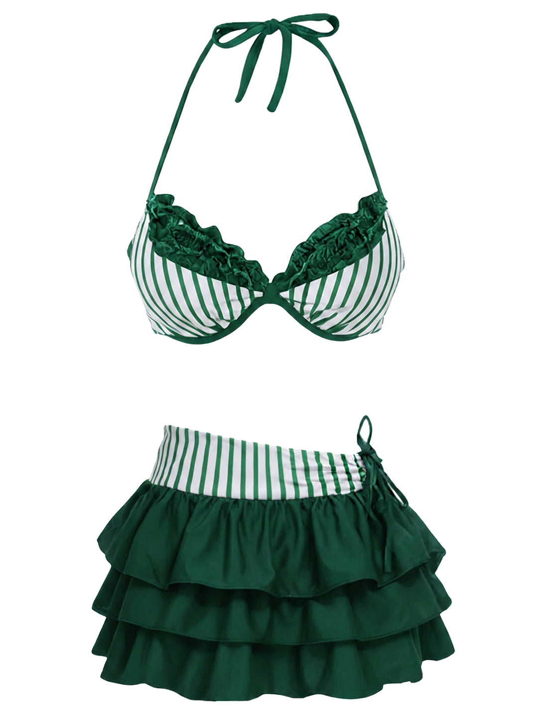 2PCS Green Striped Halter Bikini Set &amp; Tiered Cover-Up, vintage swimsuit, swimwear, retro beach style, women, elegant