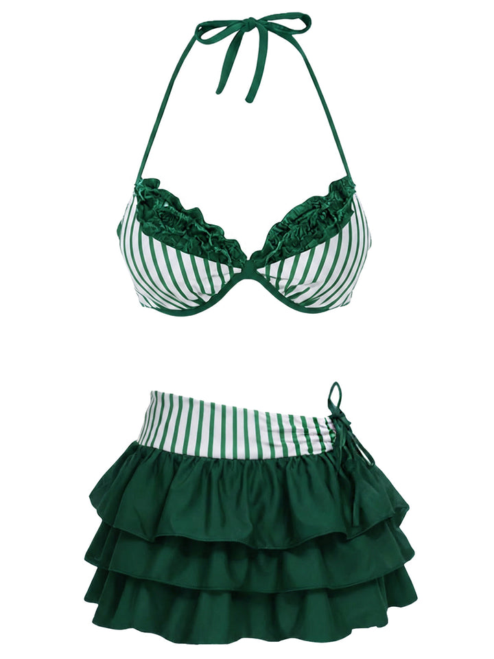 2PCS Green Striped Halter Bikini Set &amp; Tiered Cover-Up, vintage swimsuit, swimwear, retro beach style, women, elegant