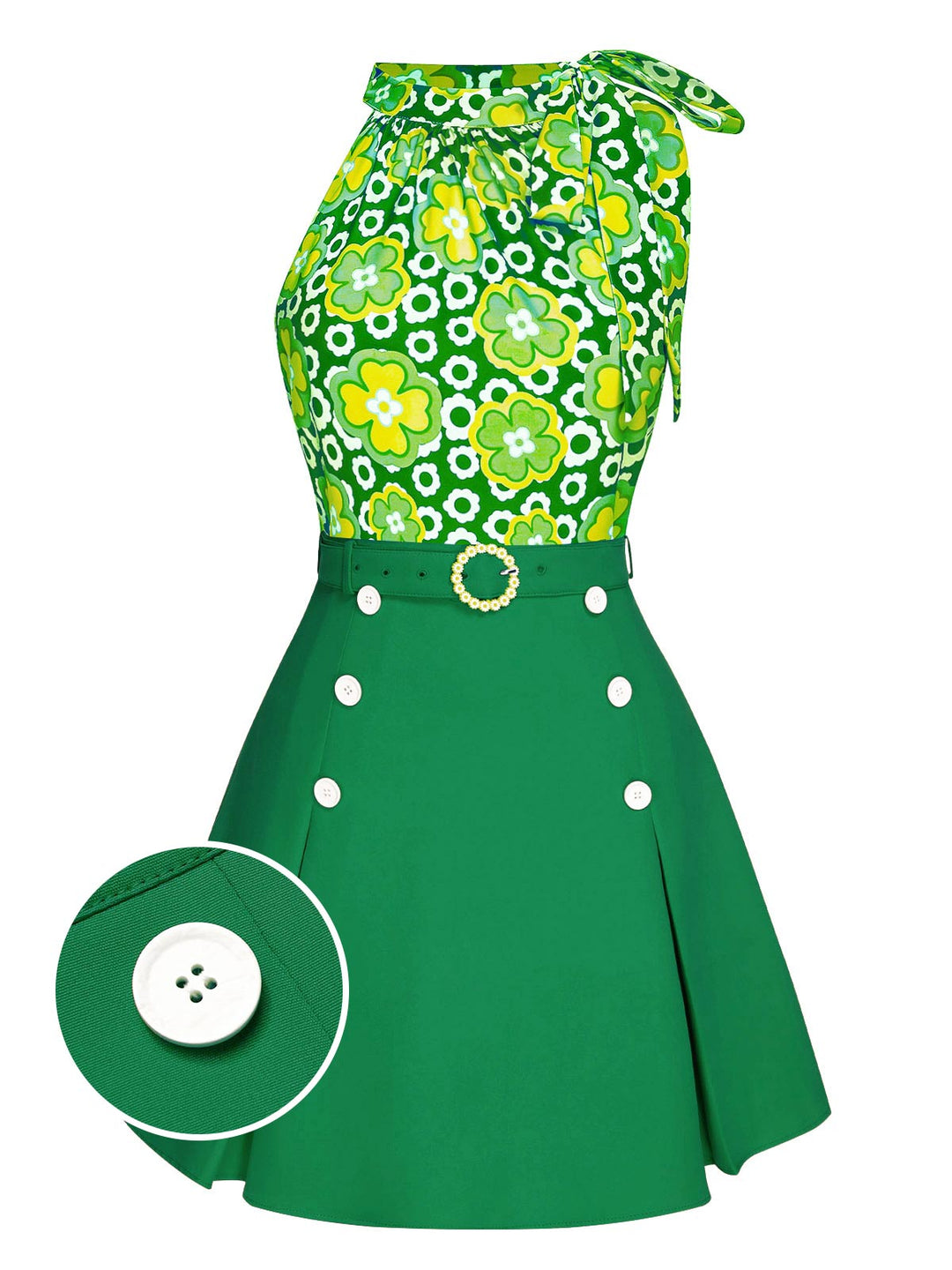 She pairs this 2PCS 1960s Tie Neck Floral Top &amp; Button Solid Skirt with confidence and 1960s charm