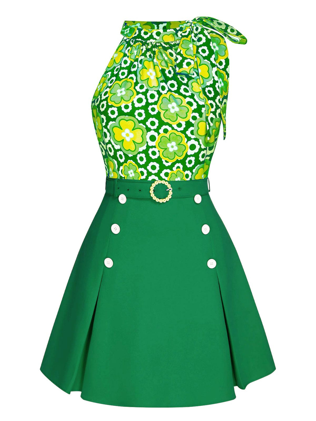 2PCS 1960s Tie Neck Floral Top &amp; Button Solid Skirt: a 1960s classic that whispers rather than shouts