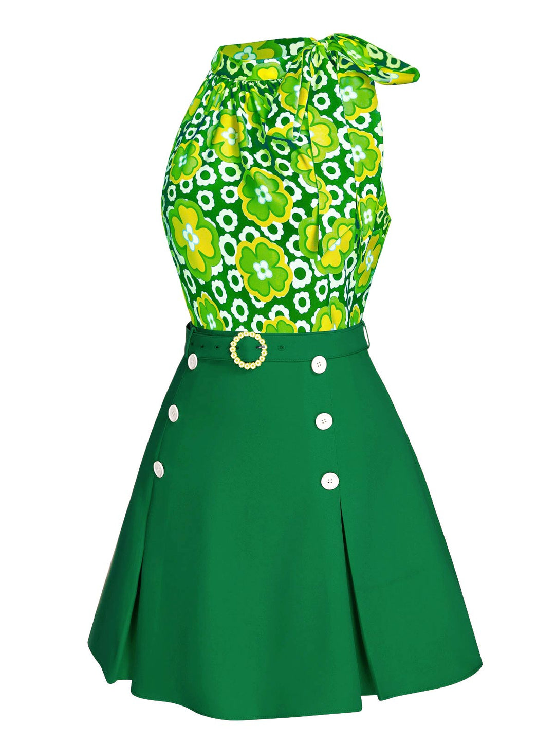This 2PCS 1960s Tie Neck Floral Top &amp; Button Solid Skirt brings 1960s soul to her everyday