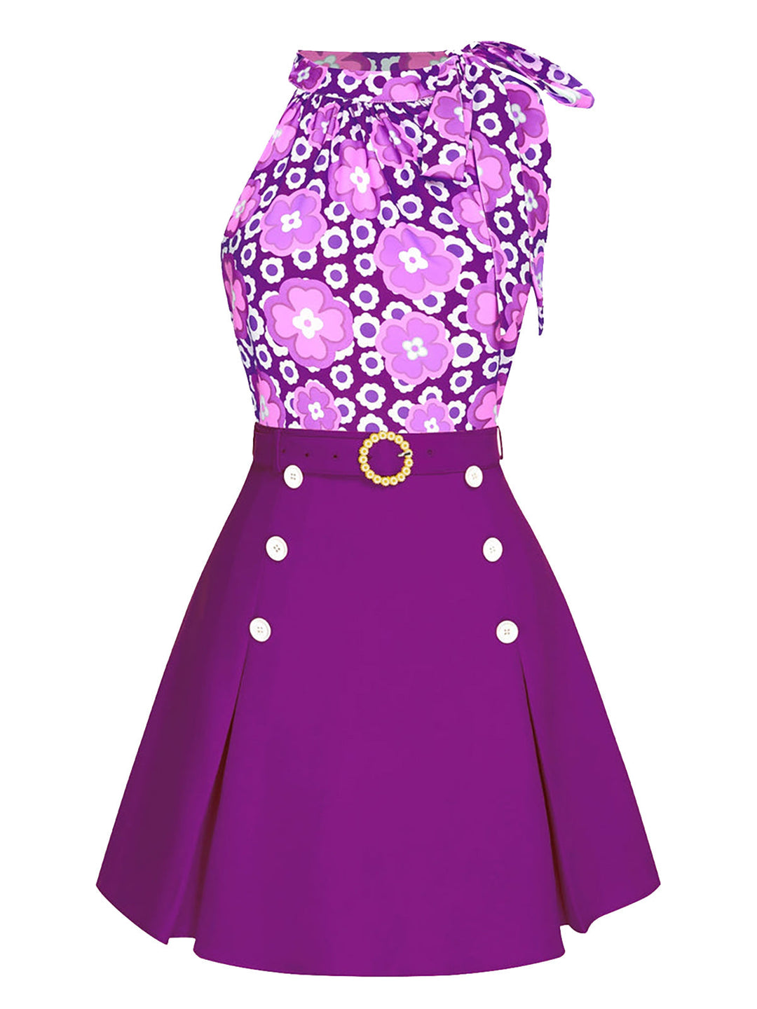 She pairs this 2PCS 1960s Tie Neck Floral Top &amp; Button Solid Skirt with confidence and 1960s charm