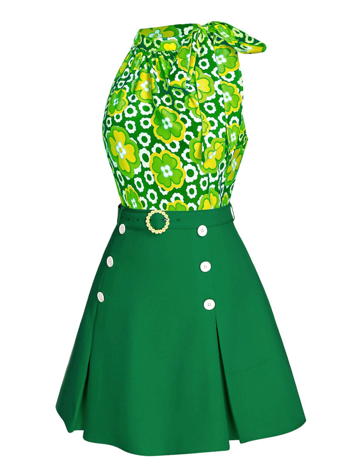 2PCS 1960s Tie Neck Floral Top &amp; Button Solid Skirt — 1960s elegance she can wear anywhere