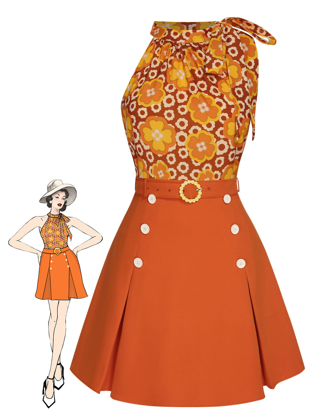 She pairs this 2PCS 1960s Tie Neck Floral Top &amp; Button Solid Skirt with confidence and 1960s charm