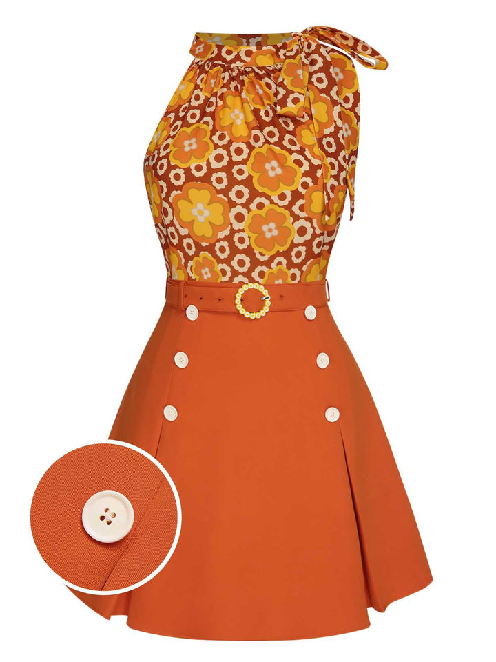 2PCS 1960s Tie Neck Floral Top &amp; Button Solid Skirt: a 1960s classic that whispers rather than shouts