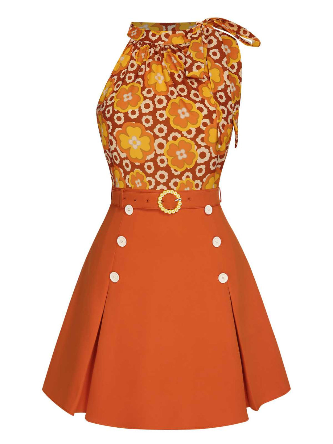 This 2PCS 1960s Tie Neck Floral Top &amp; Button Solid Skirt brings 1960s soul to her everyday