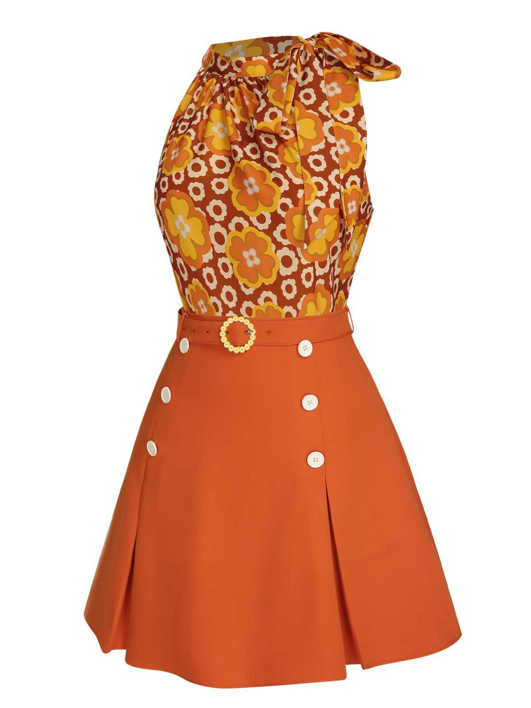 2PCS 1960s Tie Neck Floral Top &amp; Button Solid Skirt — 1960s elegance she can wear anywhere