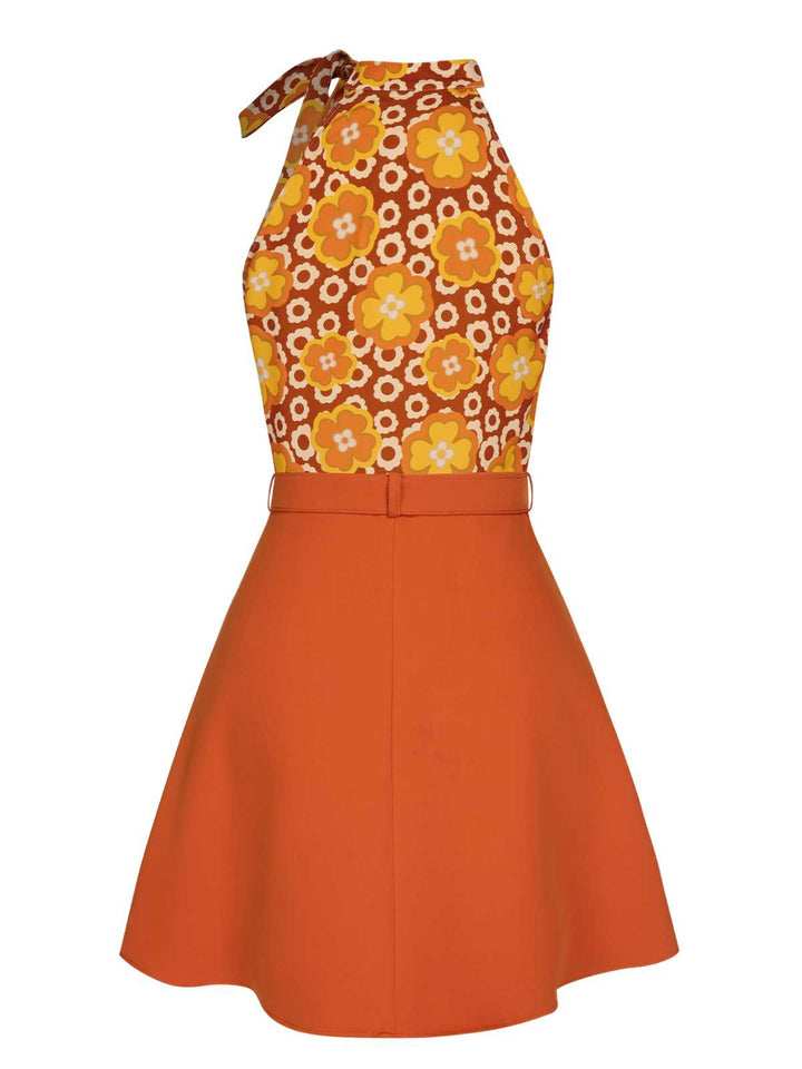 2PCS 1960s Tie Neck Floral Top &amp; Button Solid Skirt — 1960s jazz-age spirit for her morning coffee