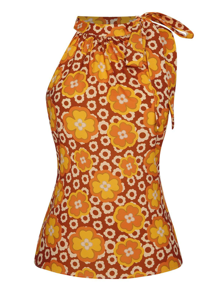 She pairs this 2PCS 1960s Tie Neck Floral Top &amp; Button Solid Skirt with confidence and 1960s charm