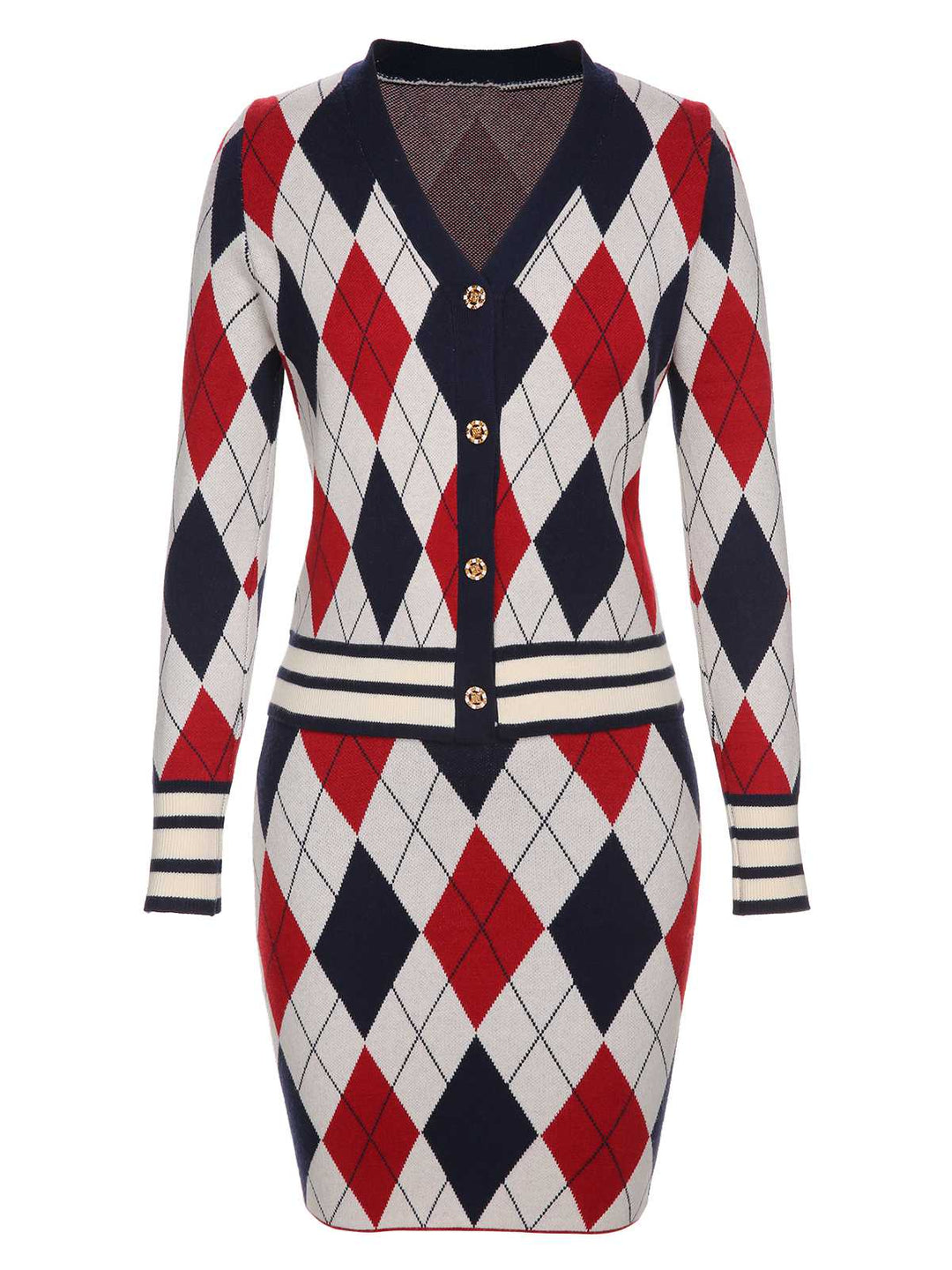 She sways in this 2PCS 1960s V-Neck Plaids Knitted Cardigan &amp; Skirt and it&