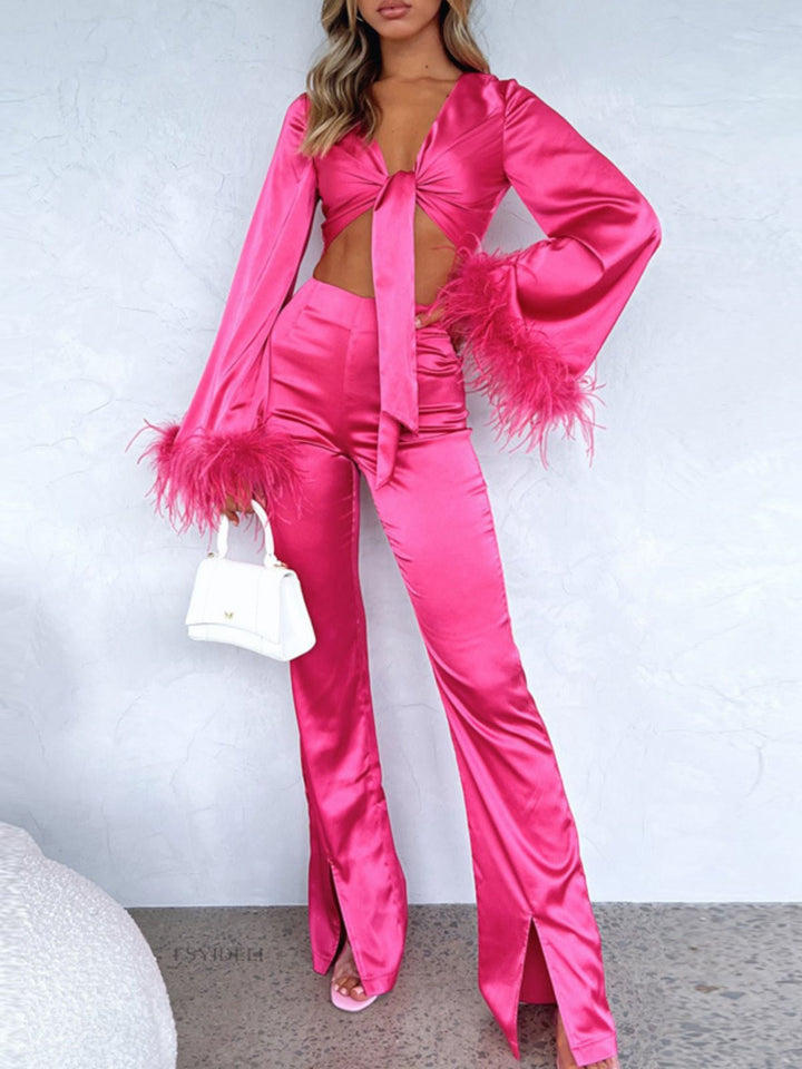 2PCS 1970s Feather Cuff Tie-Up Crop Top &amp; Slit Pants - vintage fashion, style