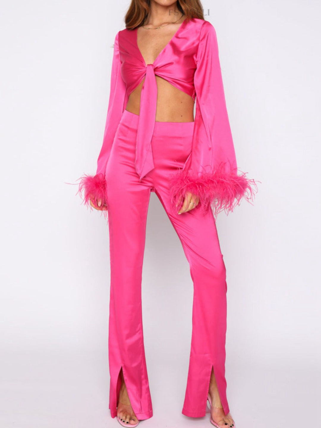 2PCS 1970s Feather Cuff Tie-Up Crop Top &amp; Slit Pants - vintage fashion, style