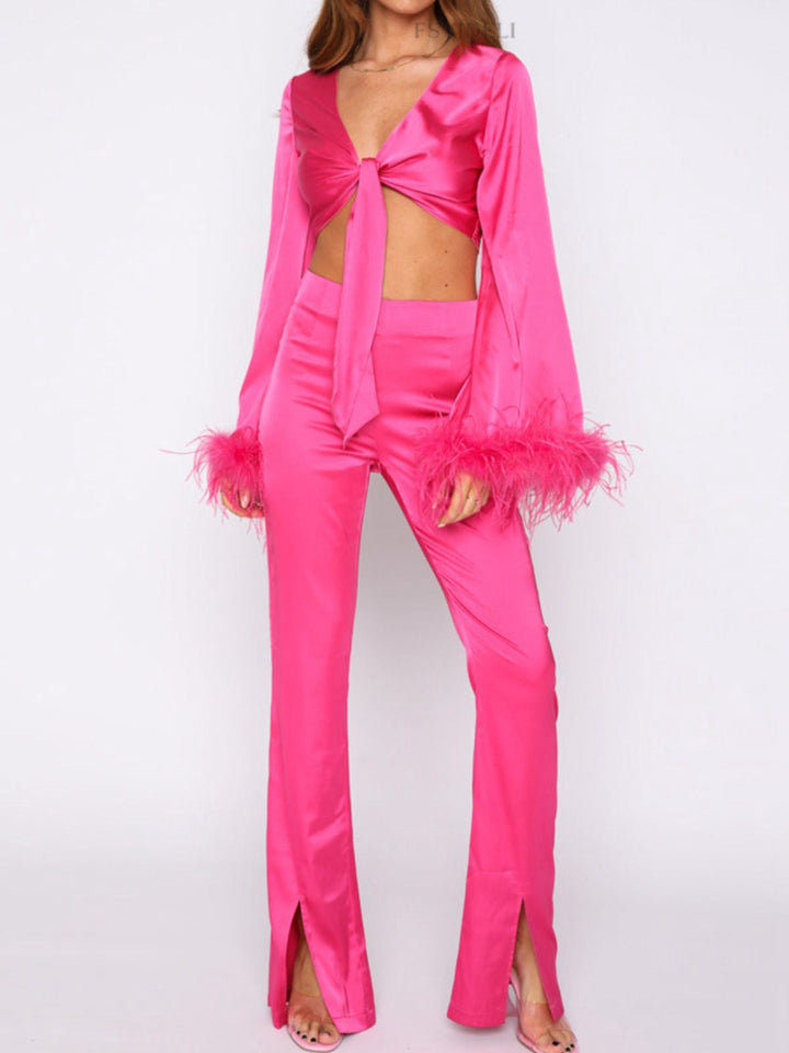 2PCS 1970s Feather Cuff Tie-Up Crop Top &amp; Slit Pants - vintage fashion, style