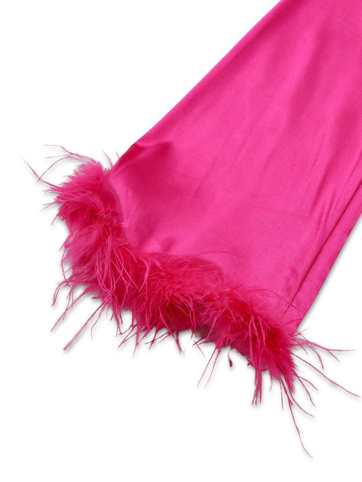 2PCS 1970s Feather Cuff Tie-Up Crop Top &amp; Slit Pants - vintage fashion, style