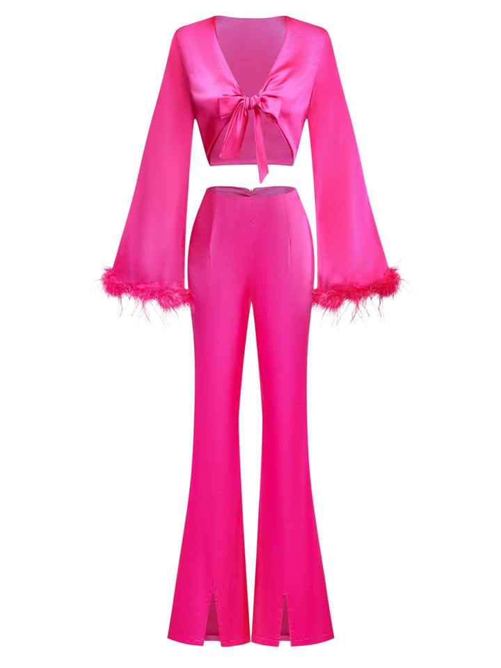 2PCS 1970s Feather Cuff Tie-Up Crop Top &amp; Slit Pants, vintage top, blouse - perfect for women who love vintage and fashion