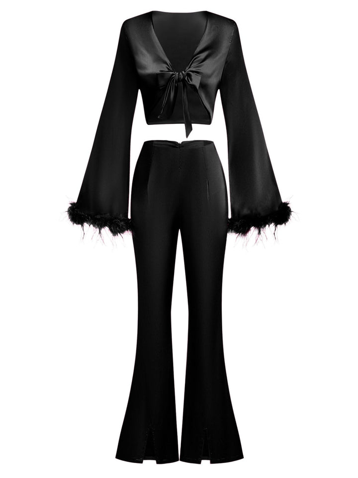 2PCS 1970s Feather Cuff Tie-Up Crop Top &amp; Slit Pants, vintage top, blouse - perfect for women who love vintage and fashion