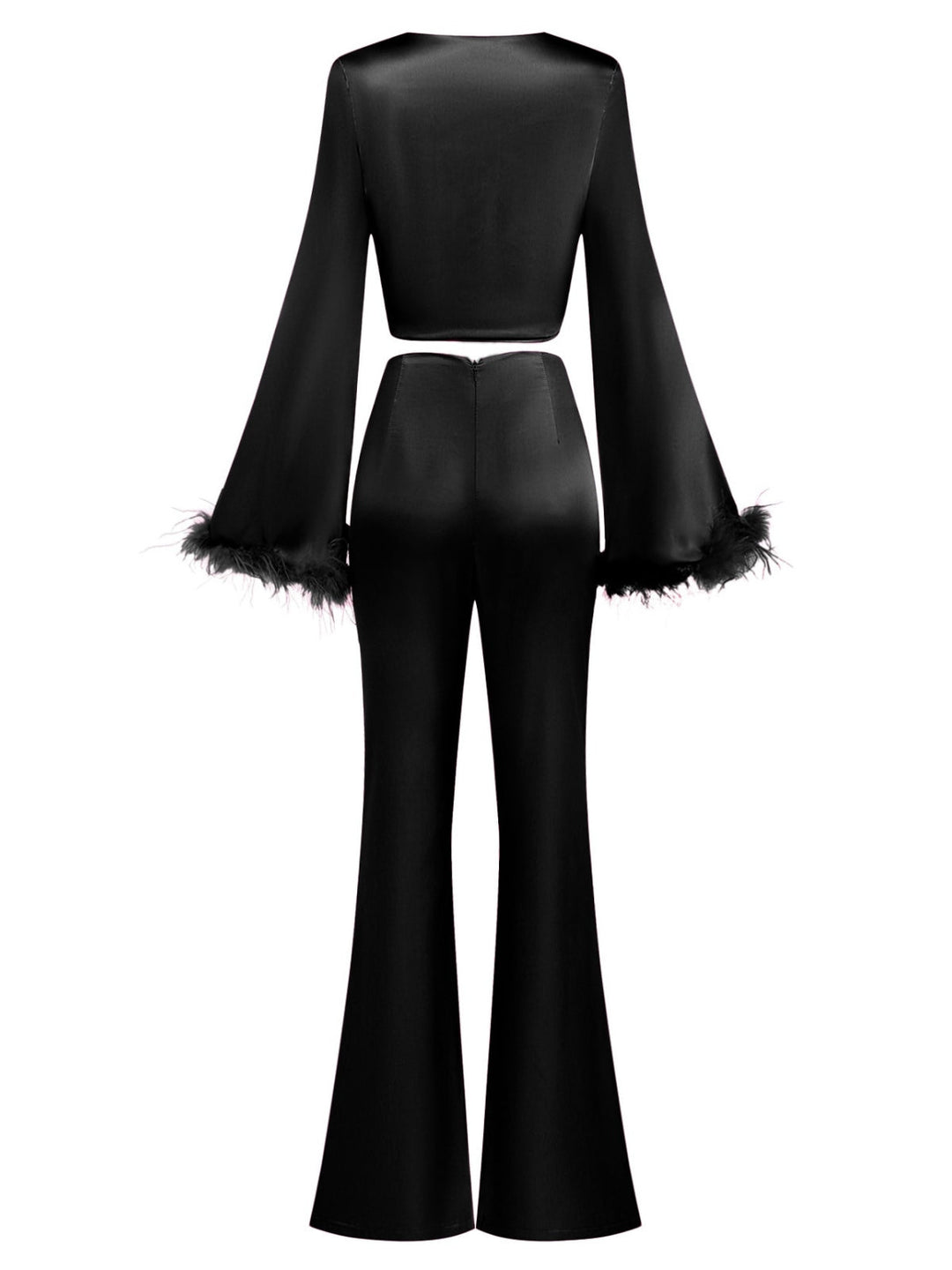 2PCS 1970s Feather Cuff Tie-Up Crop Top &amp; Slit Pants, vintage top, blouse - perfect for women who love vintage and fashion