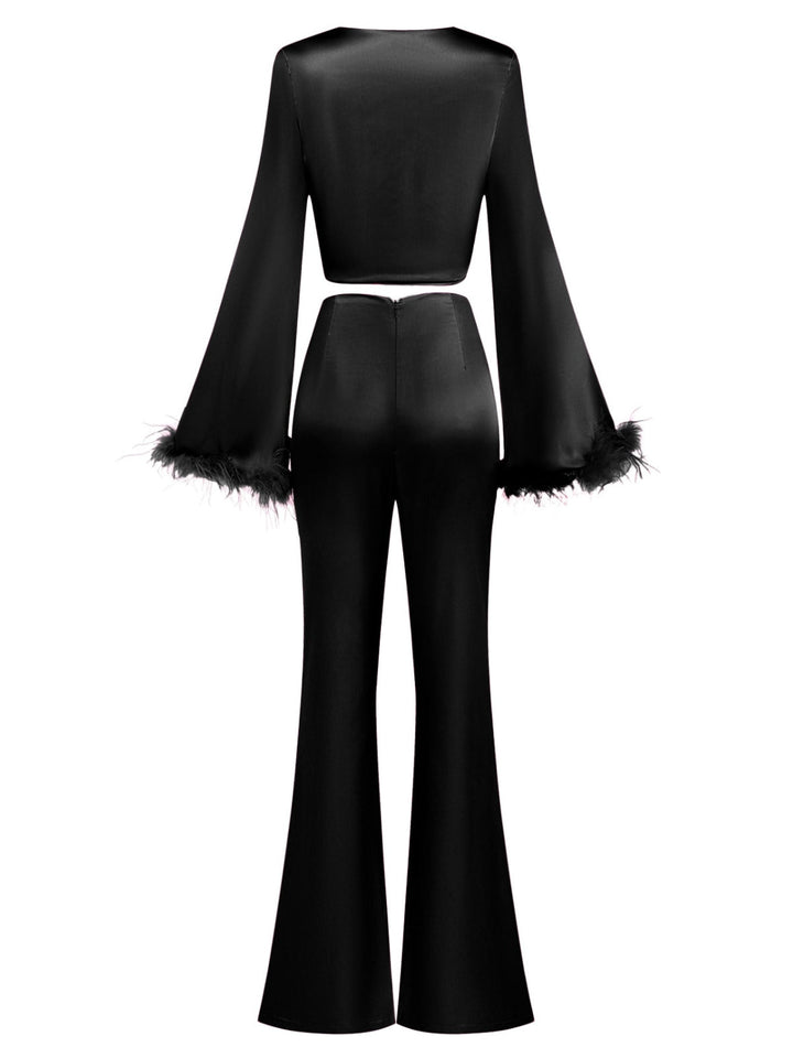 2PCS 1970s Feather Cuff Tie-Up Crop Top &amp; Slit Pants, vintage top, blouse - perfect for women who love vintage and fashion